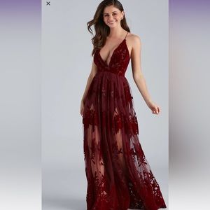 Morgan Formal Flocked Velvet Dress Burgundy